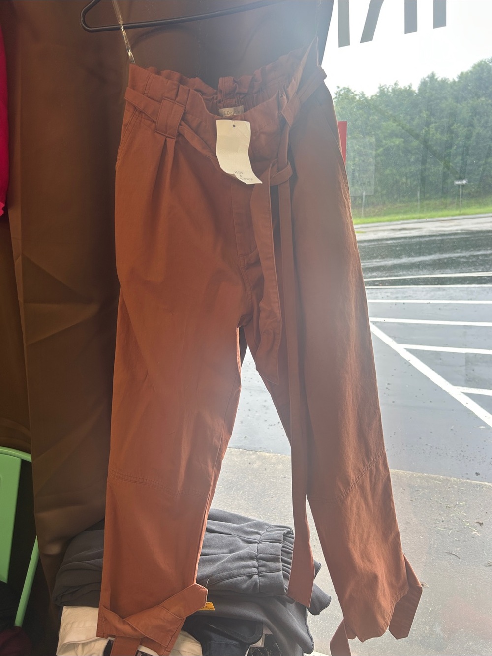 Hot & Delicious Rust-Brown Paperbag Waist Chinos with Tie Belt Small